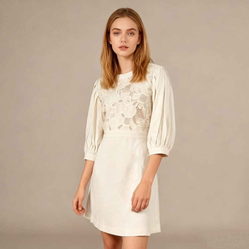 $655 NWT SEE BY CHLOÉ Embroidery Mini Dress Cream Size 42 Pleated Sleeves